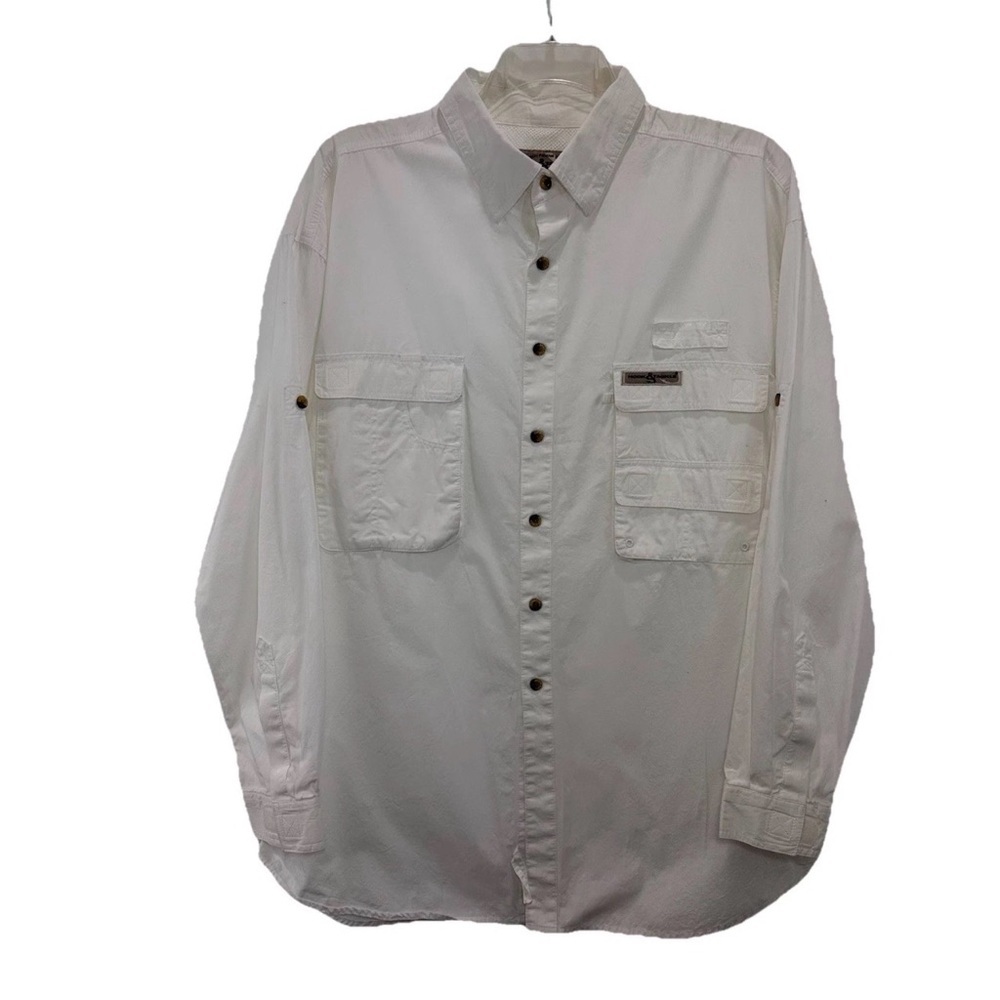 Hook & Tackle Fishing Shirt Vented Cargo Mens XL  Relaxed Fit White Cotton